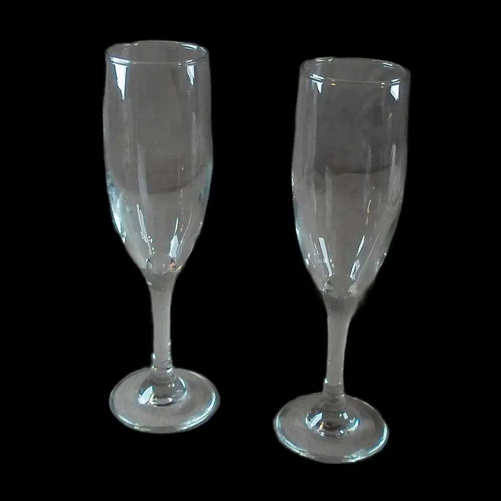 Pair Fluted Champagne Glasses Clear Hand-Blown? Vintage 8